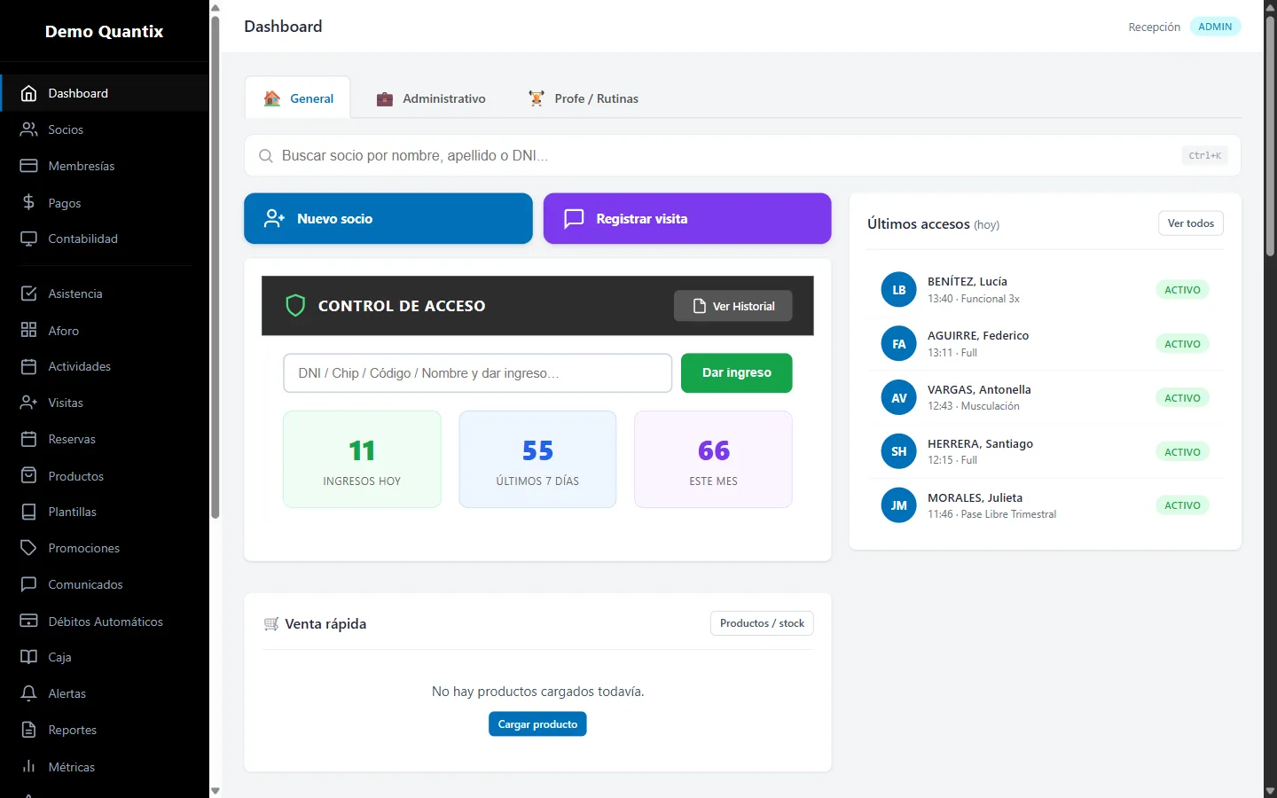 Dashboard del sistema de gimnasios: control de acceso, ingresos de hoy y últimos accesos